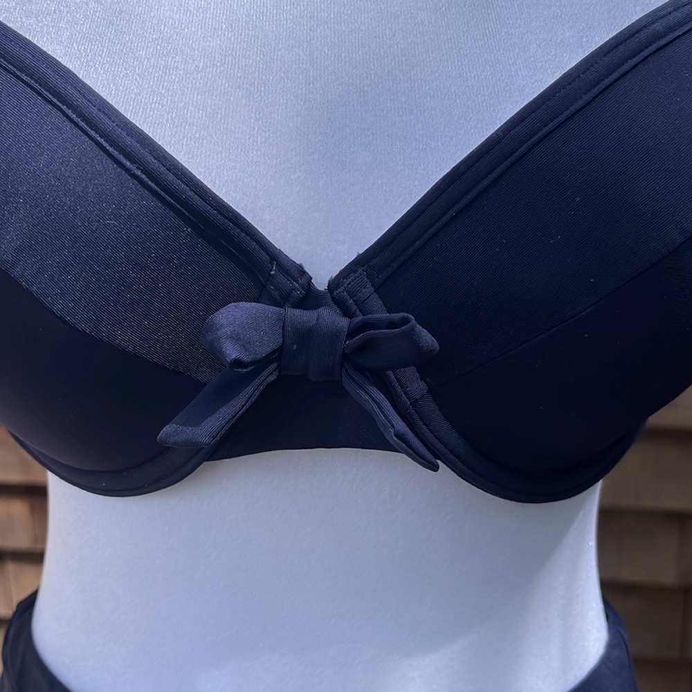 DKNY 2pc. Bikini Bathing Suit. Retro Style Hi Waist w/Padded Underwire Bra. Navy - Picture 3 of 12